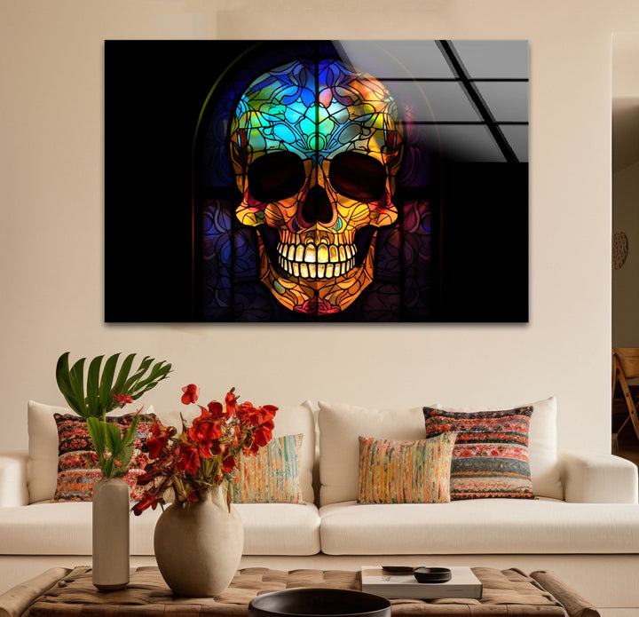 Gotischer Totenkopf Buntglas Wandkunst – Dunkles ästhetisches Fensterdesign, ausgefallene Wohndekoration 