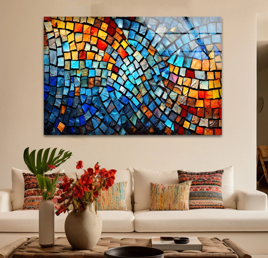 Vibrant Mosaic Wave Glass Wall Art – Colorful Abstract Squares Decor - MyPhotoStation