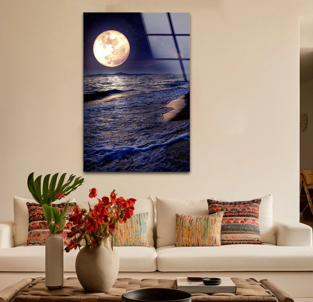 Moonlit Ocean Wall Art – Full Moon Over Waves Glass Print, Night Seascape Decor for Bedroom & Living Room - MyPhotoStation