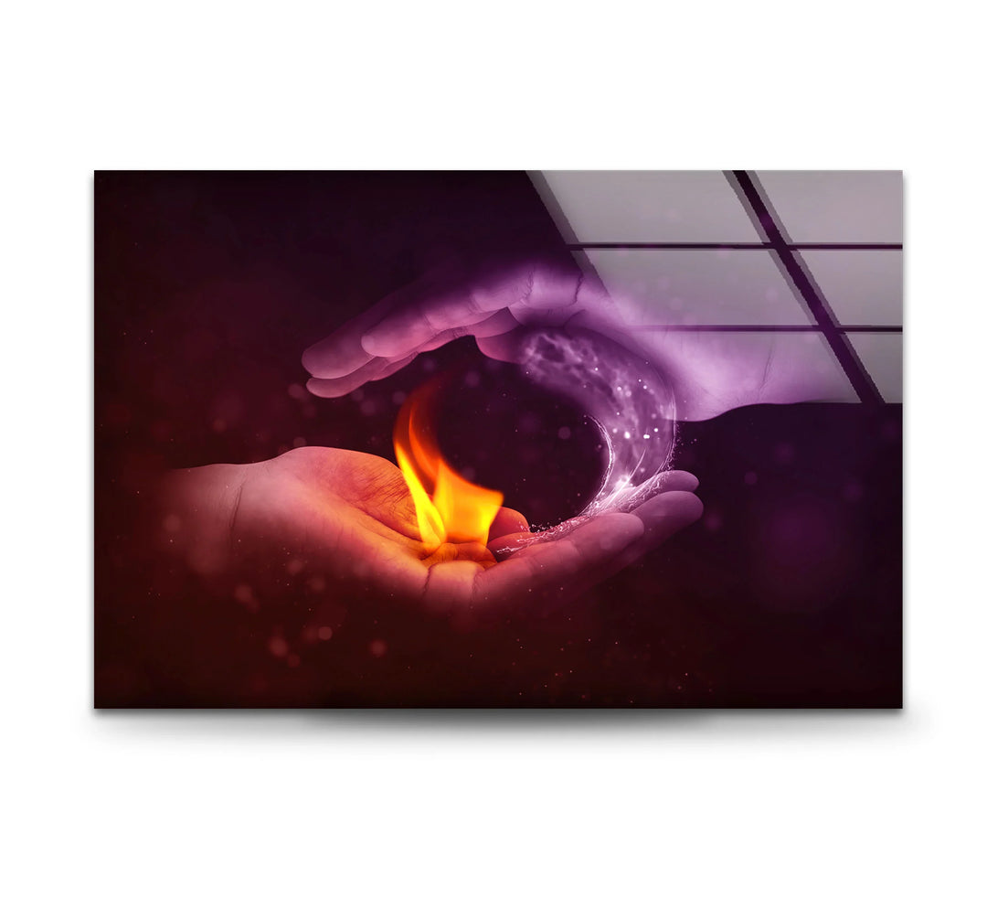 Fire and Water Yin Yang Wall Art – Duality Hands Glass Print for Modern Decor - MyPhotoStation