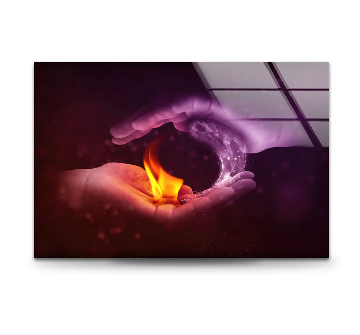 Fire and Water Yin Yang Wall Art – Duality Hands Glass Print for Modern Decor - MyPhotoStation