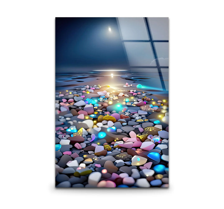 Colorful Pebble Beach at Sunset – Dreamy Ocean Glass Wall Art for Modern Decor - MyPhotoStation