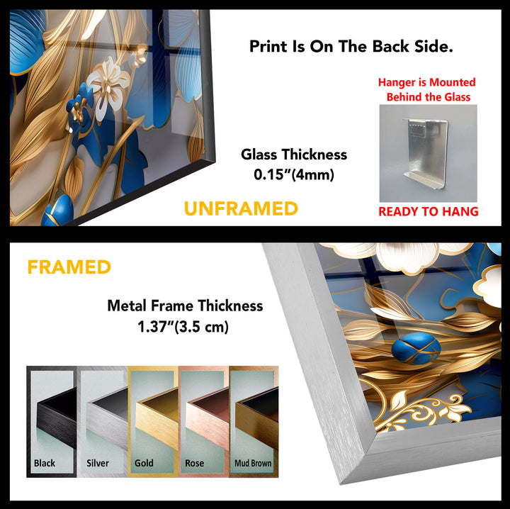Elegante blau-goldene florale Wandkunst – 3D-Glasplatte für moderne Innenräume