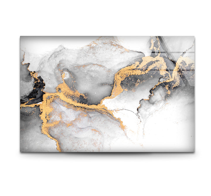 Black White and Gold Abstract Wall Art – Minimalist Glass Print for Modern Decor