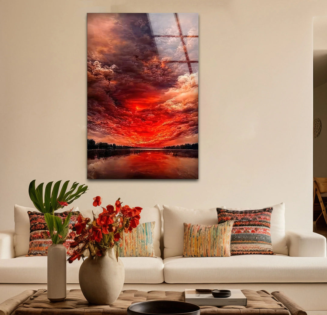 Fiery Sunset Sky Glass Wall Art – Dramatic Red Clouds Over Water Landscape - MyPhotoStation
