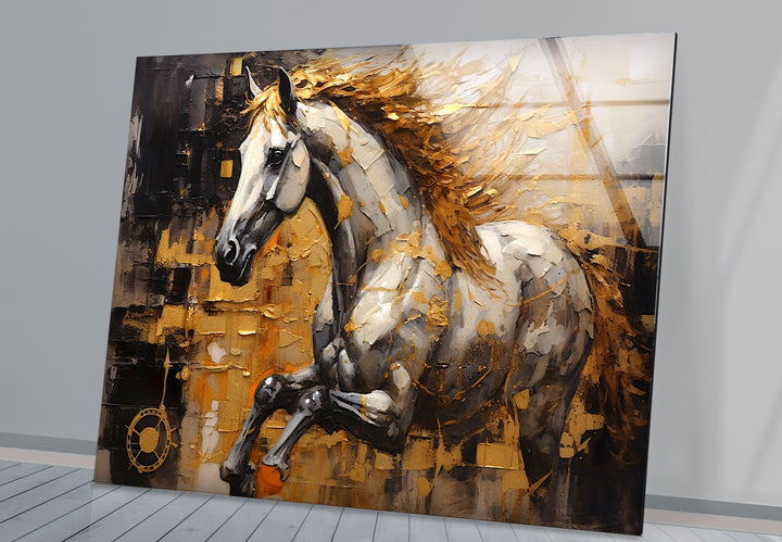Golden Spirit Horse Wandkunst – Abstrakter Glasdruck mit rennendem Hengst