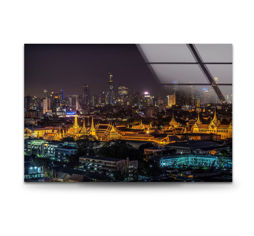 Bangkok Skyline at Night Wall Art – Illuminated Temple Cityscape Glass Print