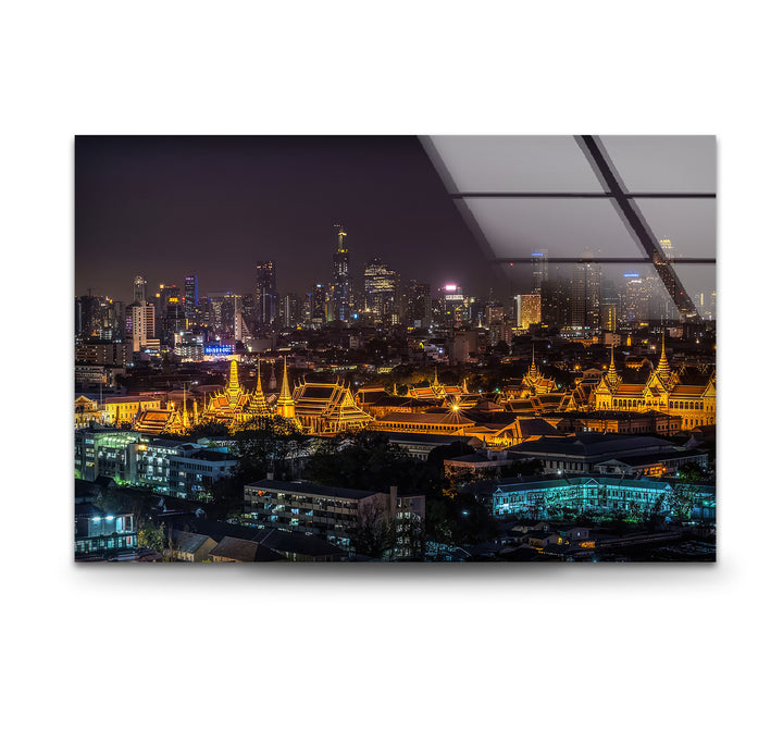 Bangkok Skyline at Night Wall Art – Illuminated Temple Cityscape Glass Print