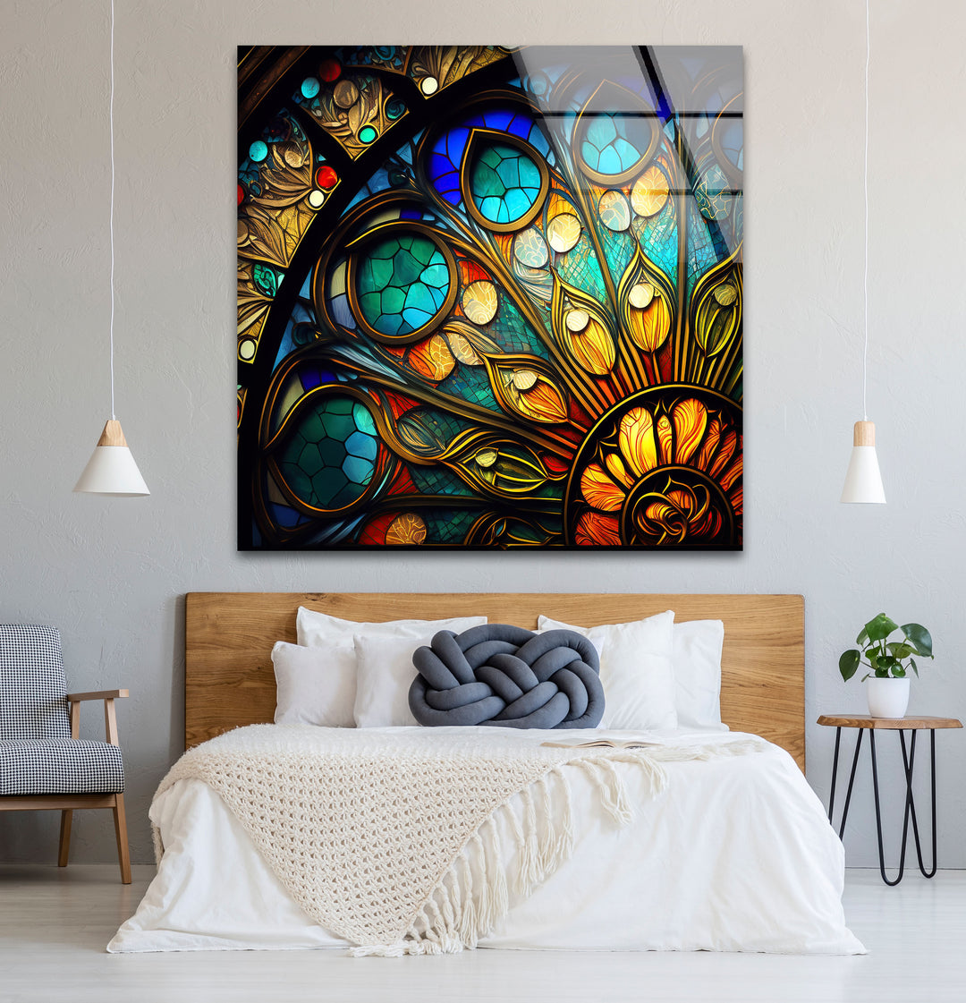 Buntglasfensterkunst – Elegantes gotisches Rosettenfenster-Design