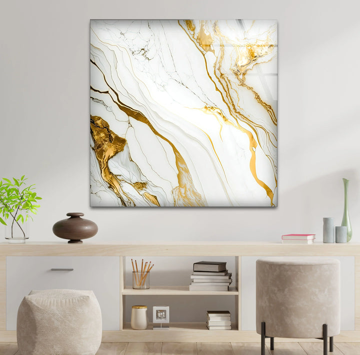 Gold Vein Marble Wall Art – Elegant White & Gold Glass Print for Modern Interiors - MyPhotoStation
