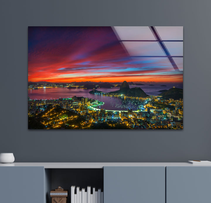 Rio de Janeiro Cityscape at Sunset – Vibrant Skyline Glass Wall Art with Sugarloaf View
