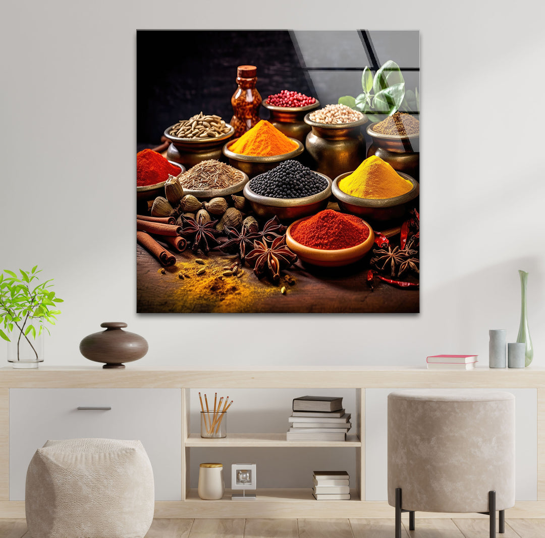 Colorful Indian Spice Wall Art – Exotic Kitchen Glass Print with Rustic Herbs & Seasonings