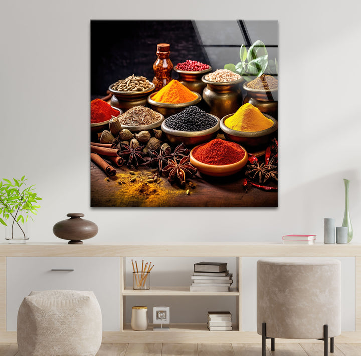 Colorful Indian Spice Wall Art – Exotic Kitchen Glass Print with Rustic Herbs & Seasonings