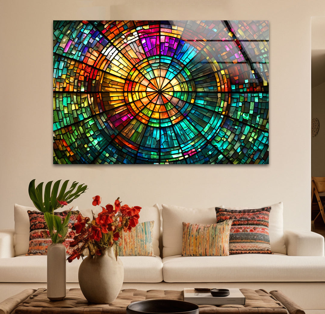 Strahlende Mosaik-Wandkunst aus Buntglas – Farbenfrohes, kreisförmiges Fensterdesign 