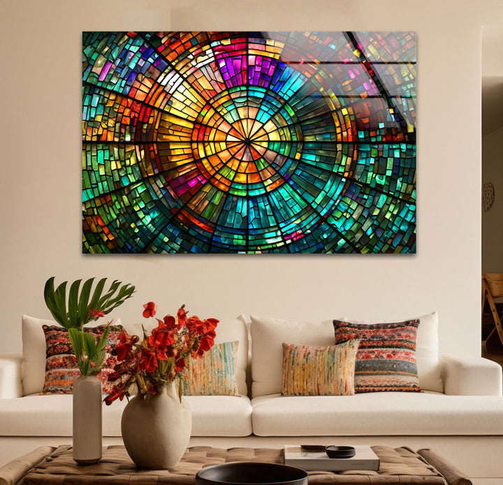 Strahlende Mosaik-Wandkunst aus Buntglas – Farbenfrohes, kreisförmiges Fensterdesign 