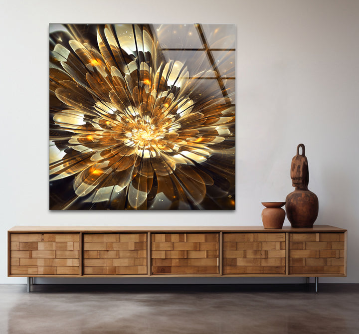 Golden Bloom Burst Wall Art – Radiant Abstract Flower Glass Print