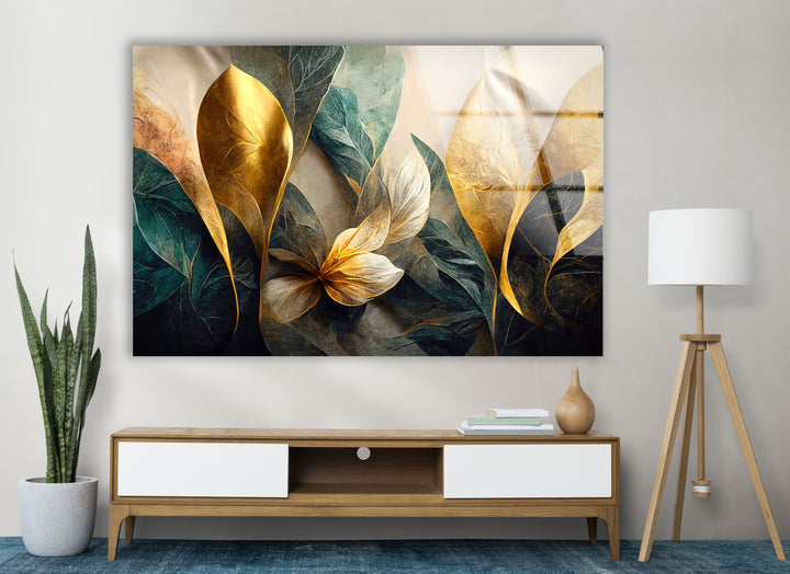 Goldene botanische Wandkunst – Luxuriöser floraler Glasdruck 