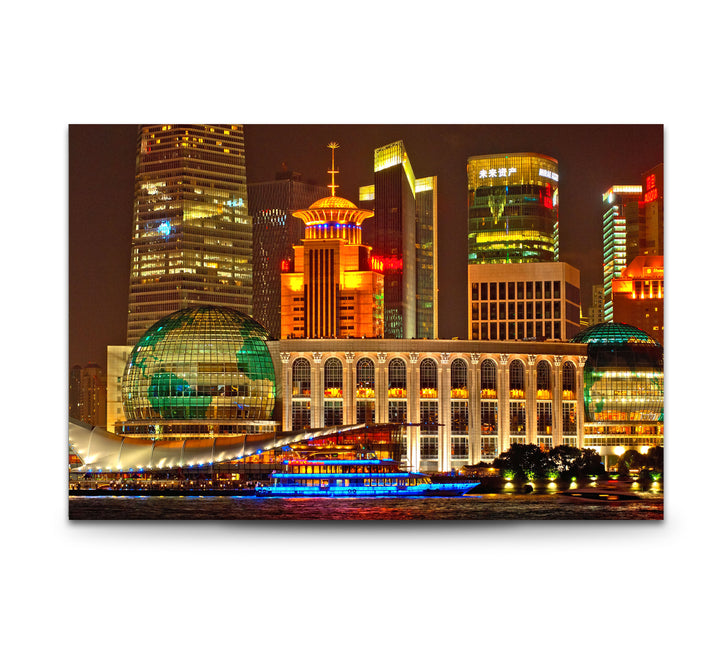 Shanghai Skyline Wall Art – Vibrant City Lights Glass Print for Modern Decor