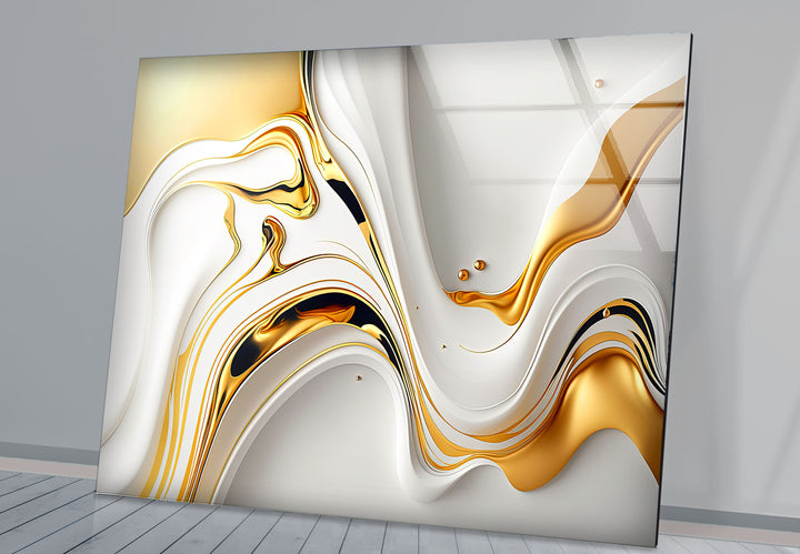 White Gold Fluid Wall Art – Modern Abstract Glass Print for Interior Elegance