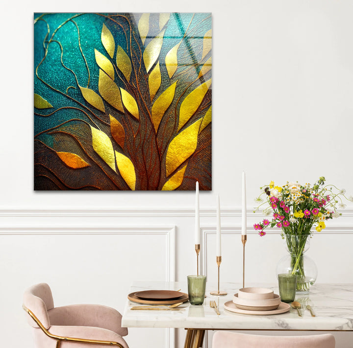 Golden Leaf Tree Glass Wall Art – Elegant Botanical Design with Teal & Amber Accents - MyPhotoStation