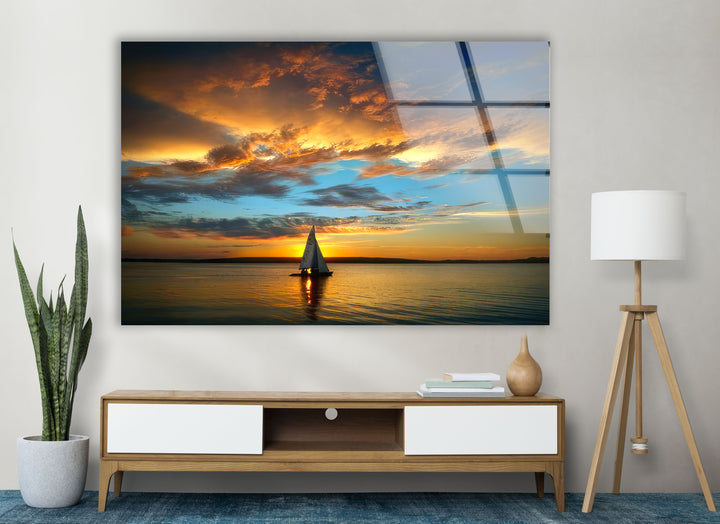 Golden Horizon Wall Art – Sailboat Sunset Glass Print