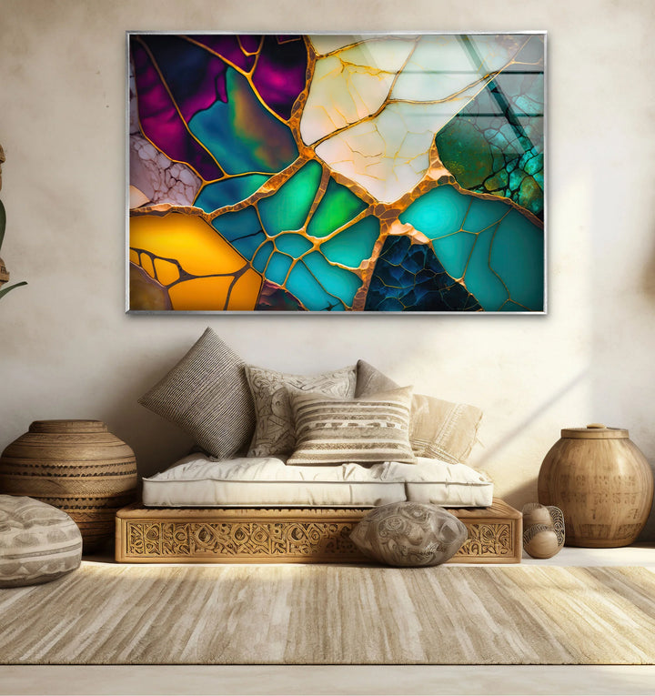 Colorful Abstract Stained Glass Wall Art – Golden Fractured Modern Glass Print - MyPhotoStation