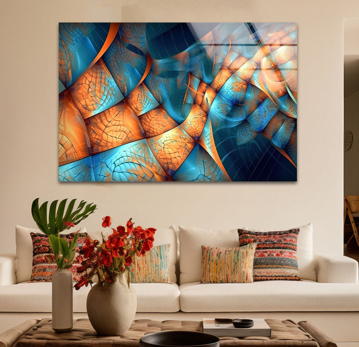 Fraktale Wellen-Glaswandkunst – Blaues und oranges abstraktes Flussdesign für moderne Räume 
