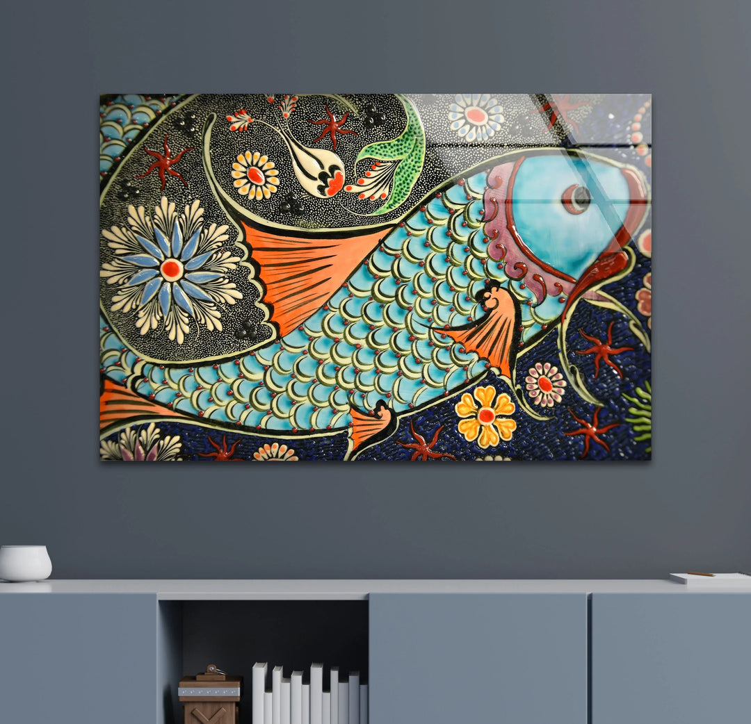 Floral Patterned Fish Wall Art – Turkish Ceramic-Inspired Glass Print - MyPhotoStation
