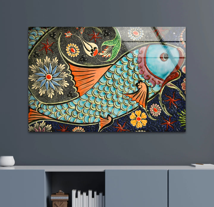 Floral Patterned Fish Wall Art – Turkish Ceramic-Inspired Glass Print - MyPhotoStation