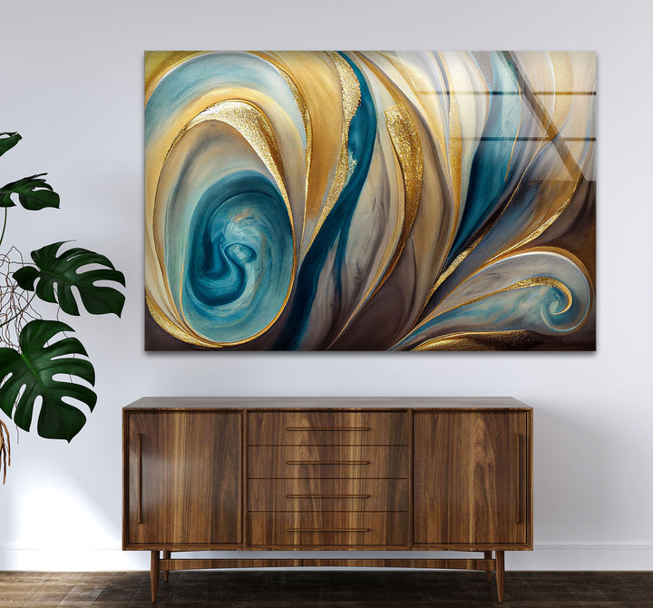 Teal Gold Swirl Wall Art – Elegant Abstract Glass Print for Modern Interiors