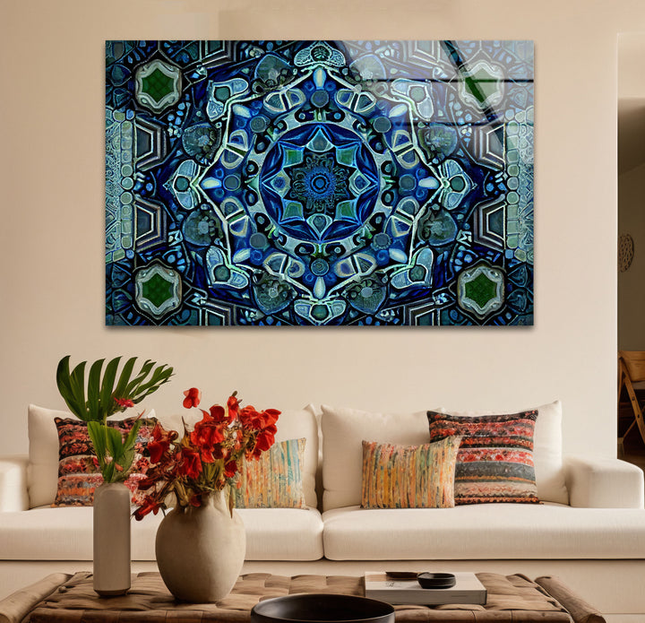Blue Mandala Glass Wall Art – Intricate Geometric Design, Modern Home & Office Decor