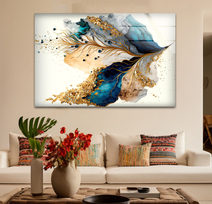 Abstrakte Glaswandkunst in Gold und Blau – Luxuriöses, modernes, fließendes Design