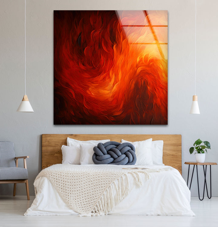 Fiery Abstract Glass Wall Art – Vibrant Red & Orange Flame Energy