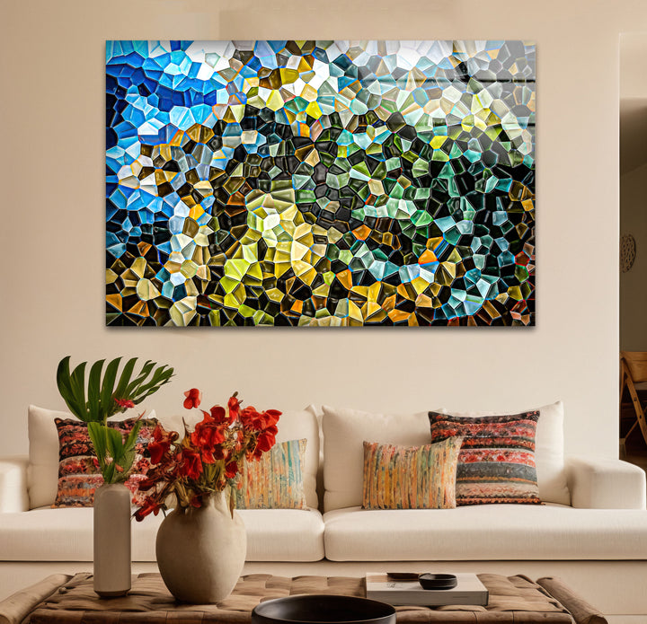 Abstract Mosaic Landscape Glass Wall Art – Colorful Geometric Nature Design