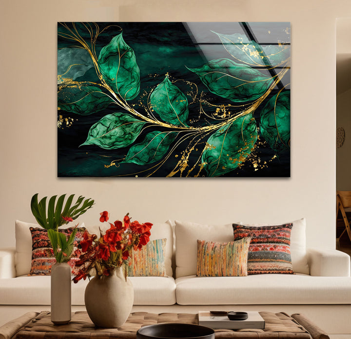Smaragdgrüne und goldene Glaswandkunst – Elegantes botanisches Blattdesign