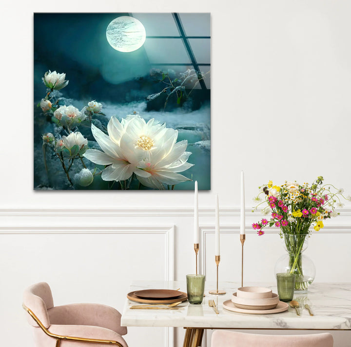 Moonlit White Lotus Glass Wall Art – Tranquil Floral Design with Ethereal Night Glow - MyPhotoStation