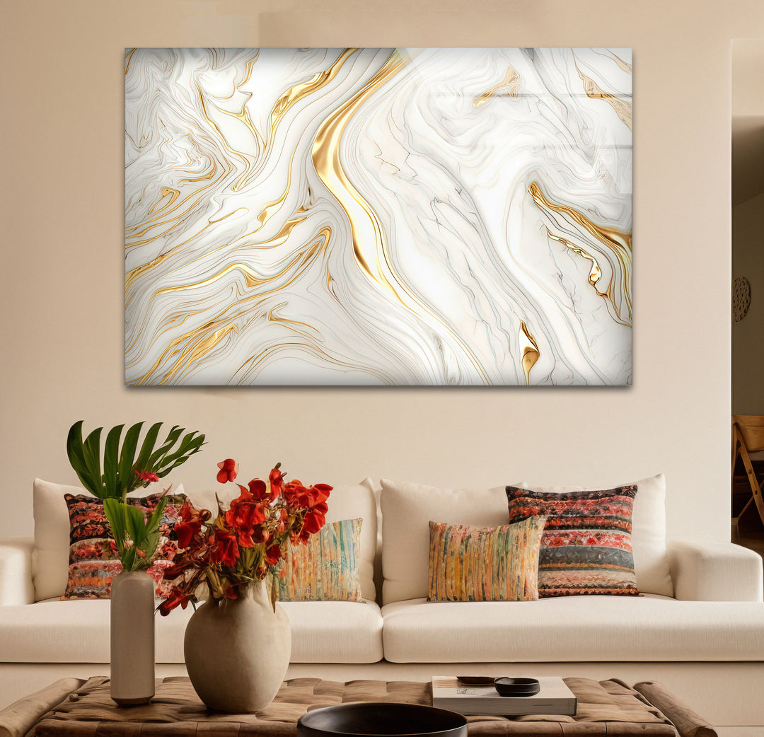 White & Gold Marble Glass Wall Art – Elegant Luxury Abstract Design