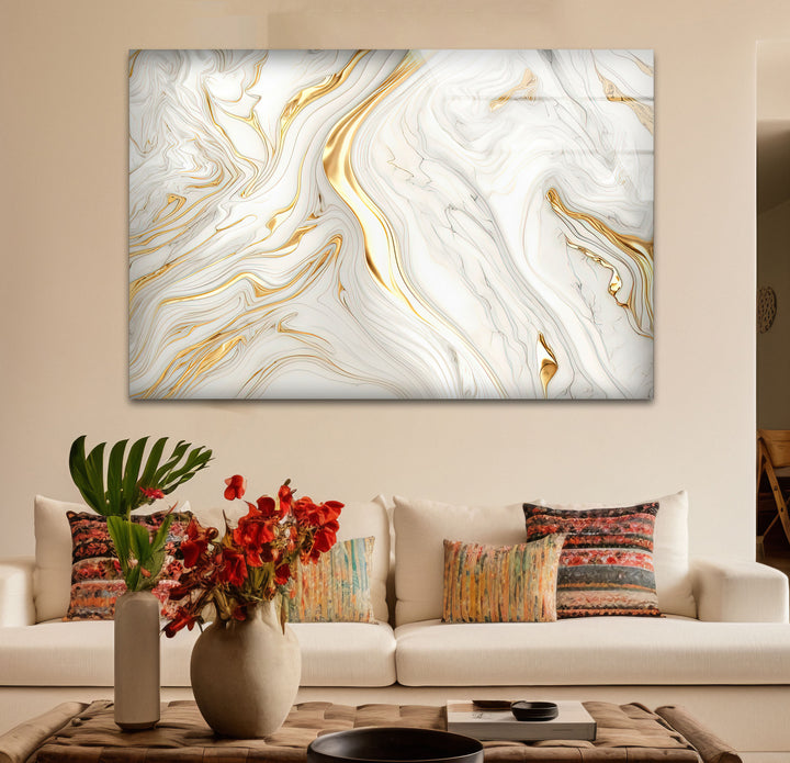 White & Gold Marble Glass Wall Art – Elegant Luxury Abstract Design