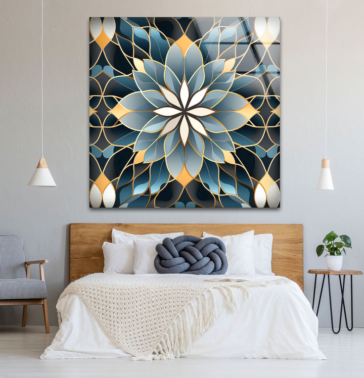Elegant Lotus Mandala Glass Wall Art – Blue Gold Sacred Geometry Pattern