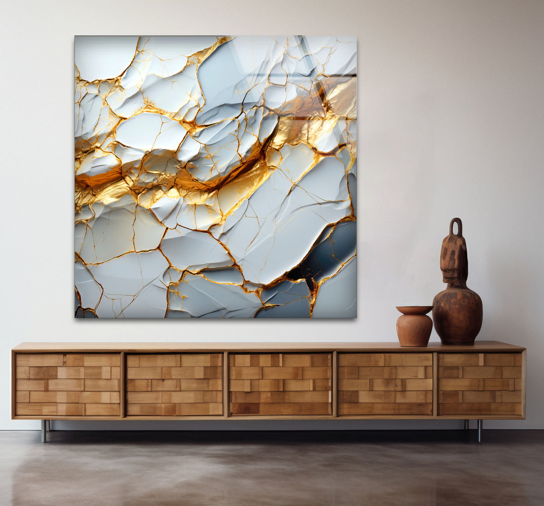 Golden Vein Marble Glass Wall Art – Luxury Abstract Stone Design for Modern Interiors