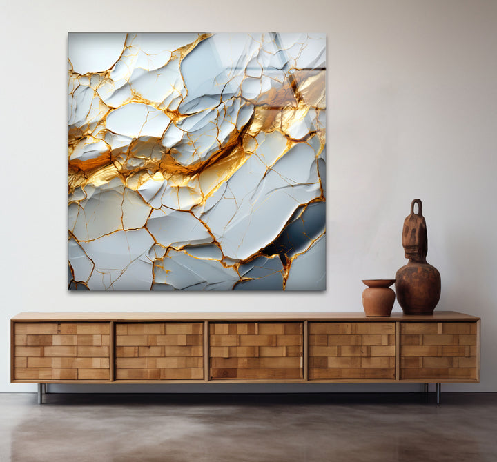 Golden Vein Marble Glass Wall Art – Luxury Abstract Stone Design for Modern Interiors