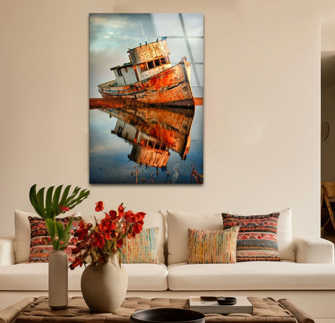 Rustic Abandoned Boat Glass Wall Art – Reflections of Time Nautical Print - MyPhotoStation