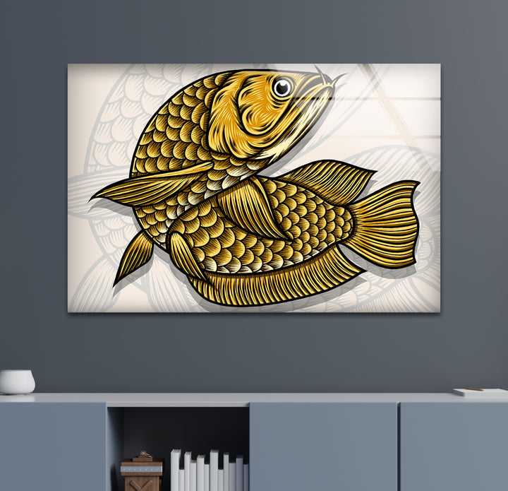 Golden Arowana Fish Wall Art – Elegant Asian-Inspired Glass Print for Modern Interiors and Feng Shui Decor
