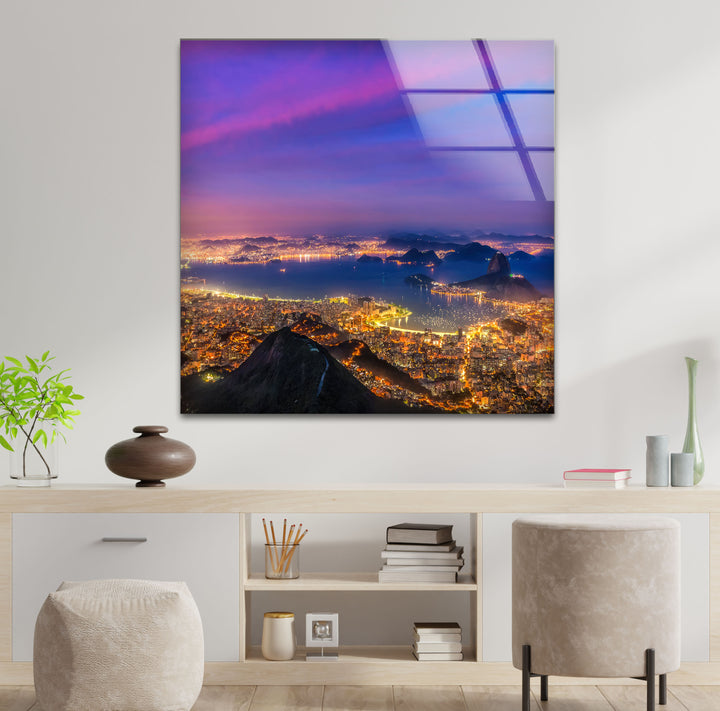 Rio de Janeiro Skyline Wall Art – Vibrant Cityscape Glass Print with Sunset Sky for Urban Interiors