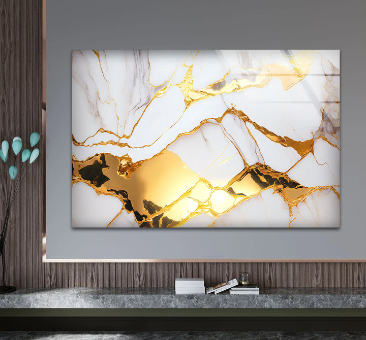 White and Gold Marble Wall Art – Luxury Glass Print for Elegant Interiors - MyPhotoStation