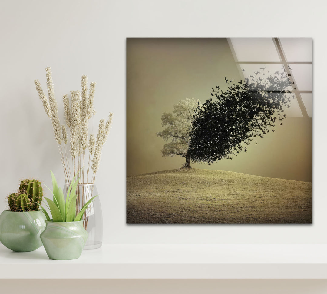 Surreal Tree Turning into Birds Wall Art – Minimalist Nature Glass Print