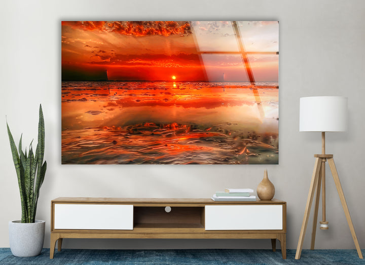 Feurige Sonnenuntergangsküste Wandkunst – Lebendiger Ozean-Glasdruck 