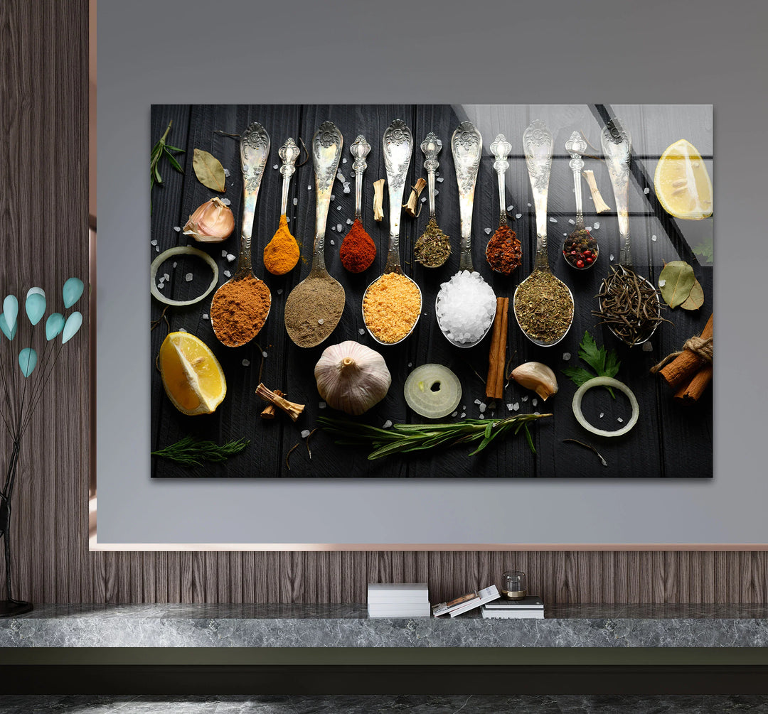 Rustic Kitchen Spices Glass Wall Art – Culinary Herb Spoon Print - MyPhotoStation