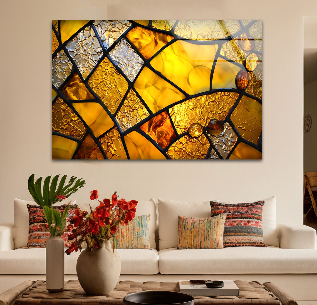 Goldene Buntglas-Wandkunst – Abstrakter strukturierter Glasdruck für Zuhause und Büro