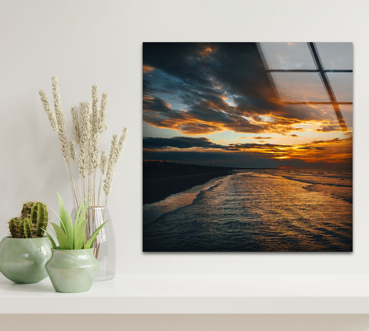 Golden Sunset Ocean Wall Art – Moody Coastal Landscape Glass Print